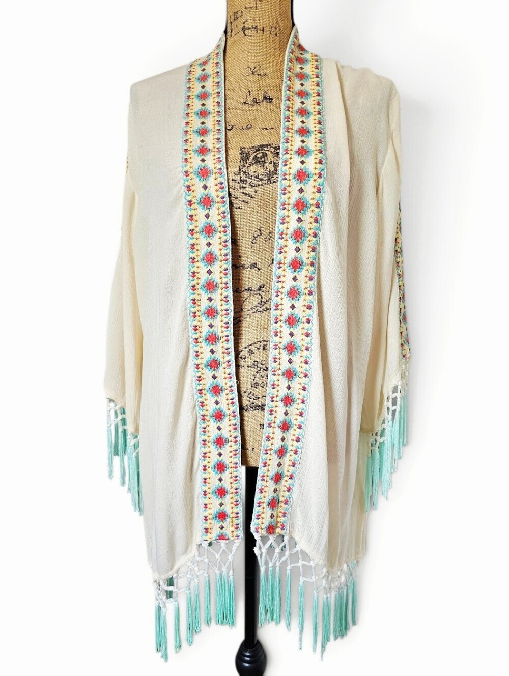 Z&L Boho Embroidered Fringe Open-Front Kimono Cardigan - Cream/Turquoise, M/L